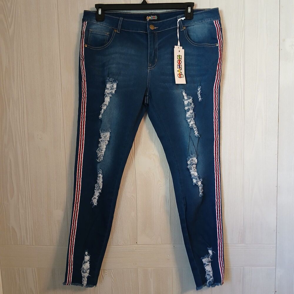 Gazoz Women's Size 16 Dark Blue Distressed Ripped Jeans With Side Stripes